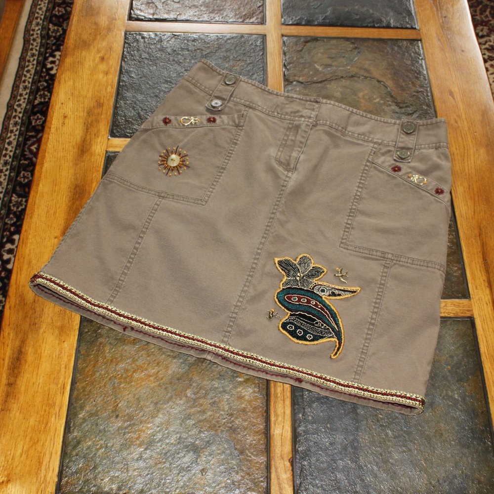 Denim Skirt, Upcycled, Embroidered